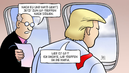 Cartoon: Trump nach Sizilien (medium) by Harm Bengen tagged eu,europa,nato,g7,treffen,sizilien,mafia,airforce,one,präsident,trump,usa,harm,bengen,cartoon,karikatur,eu,europa,nato,g7,treffen,sizilien,mafia,airforce,one,präsident,trump,usa,harm,bengen,cartoon,karikatur