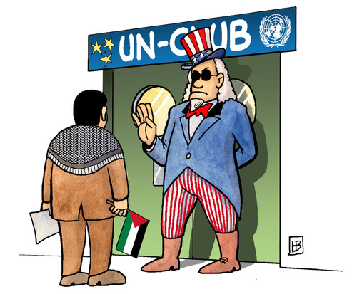 Cartoon: Türsteher (medium) by Harm Bengen tagged türsteher,club,uno,un,vollversammlung,generalversammlung,sicherheitsrat,veto,usa,palästina,palästinenser,aufnahmeantrag,staat,israel,türsteher,club,uno,un,generalversammlung,sicherheitsrat,veto,usa,palästina,aufnahmeantrag,israel,staat