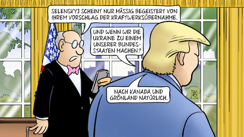 Cartoon: Ukrainische Kraftwerke (medium) by Harm Bengen tagged selenskyj,ukraine,krieg,russland,vorschlag,kraftwerksübernahme,energieversorgung,trump,bundesstaat,kanada,grönland,oval,office,handy,usa,harm,bengen,cartoon,karikatur,selenskyj,ukraine,krieg,russland,vorschlag,kraftwerksübernahme,energieversorgung,trump,bundesstaat,kanada,grönland,oval,office,handy,usa,harm,bengen,cartoon,karikatur