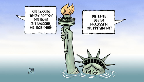 Cartoon: US-Schuldenstreit (medium) by Harm Bengen tagged usa,schuldenkrise,schuldenstreit,staatsverschuldung,schulden,krise,demokraten,republikaner,regierung,praesident,obama,boehner,schuldengrenze,zahlungsunfaehigkeit,weltwirtschaft,ratingagenturen,kongress,senat,loriot,ente,wasser,freiheitsstatue,usa,schuldenkrise,schuldenstreit,staatsverschuldung,schulden,demokraten,republikaner