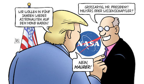 Cartoon: USA auf dem Mond (medium) by Harm Bengen tagged astronauten,nasa,mond,trump,mauer,militärs,wissenschaftler,maurer,raumfahrt,usa,harm,bengen,cartoon,karikatur,astronauten,nasa,mond,trump,mauer,militärs,wissenschaftler,maurer,raumfahrt,usa,harm,bengen,cartoon,karikatur