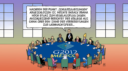 Cartoon: Vereinsplanung (medium) by Harm Bengen tagged vereinsplanung,g20,2012,mexico,mexiko,eu,europa,usa,barroso,obama,merkel,gipfel,treffen,kegelausflug,weihnachtsfeier,china,wirtschaft,weltwirtschaft,industriestaaten,schwellenländer,2012,g20,mexiko,eu,europa,kegelausflug