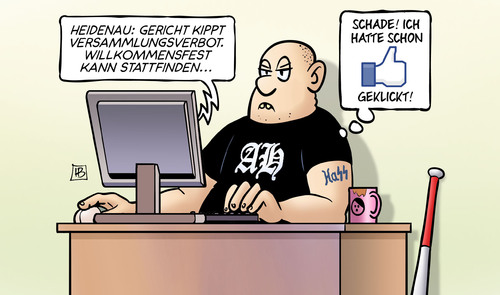 Cartoon: Versammlungsverbot gekippt (medium) by Harm Bengen tagged heidenau,gericht,kippt,versammlungsverbot,willkommensfest,gefällt,mir,klicken,click,nazis,rechts,terror,baseballschläger,computer,internet,facebook,harm,bengen,cartoon,karikatur,heidenau,gericht,kippt,versammlungsverbot,willkommensfest,gefällt,mir,klicken,click,nazis,rechts,terror,baseballschläger,computer,internet,facebook,harm,bengen,cartoon,karikatur