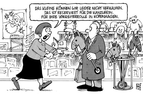 Cartoon: Vorreiterrolle (medium) by Harm Bengen tagged vorreiterrolle,vorreiter,steckenpferd,angela merkel,kanzlerin,co2,reduktion,kanzler,weltklimagipfel,klima,gipfel,kopenhagen,treibhausgase,erderwärmung,meeresspiegel,überschwemmungen,spielzeug,kinder,angela,merkel