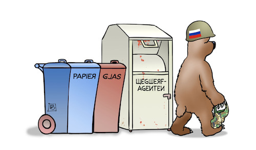 Cartoon: Wegwerf-Agenten (medium) by Harm Bengen tagged papier,glas,wegwerfagenten,agenten,russland,baer,müll,bombenanschläge,gru,geheimdienst,harm,bengen,cartoon,karikatur,papier,glas,wegwerfagenten,agenten,russland,baer,müll,bombenanschläge,gru,geheimdienst,harm,bengen,cartoon,karikatur