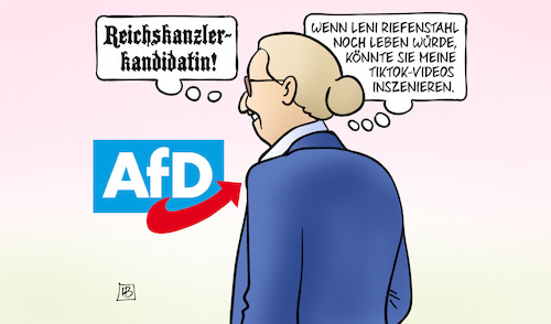 Cartoon: Weidel-Kandidatur (medium) by Harm Bengen tagged reichskanzlerkandidatin,kanzlerkandidatin,leni,riefenstahl,tiktok,videos,inszenieren,afd,nazis,faschismus,weidel,kanzlerkandidatur,harm,bengen,cartoon,karikatur,reichskanzlerkandidatin,kanzlerkandidatin,leni,riefenstahl,tiktok,videos,inszenieren,afd,nazis,faschismus,weidel,kanzlerkandidatur,harm,bengen,cartoon,karikatur