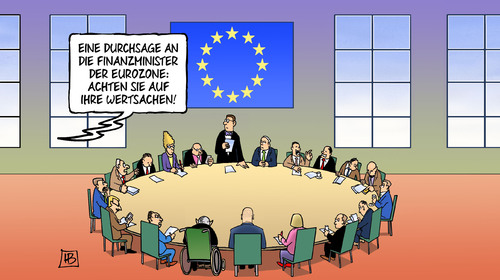 Cartoon: Wertsachen (medium) by Harm Bengen tagged durchsage,finanzminister,eurozone,wertsachen,schaeuble,varoufakis,europa,eu,griechenland,syriza,harm,bengen,cartoon,karikatur,durchsage,finanzminister,eurozone,wertsachen,schaeuble,varoufakis,europa,eu,griechenland,syriza,harm,bengen,cartoon,karikatur