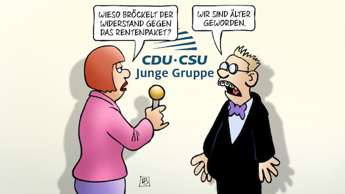 Cartoon: Widerstand bröckelt (medium) by Harm Bengen tagged cdu,csu,junge,gruppe,widerstand,rentenpaket,interview,alter,harm,bengen,cartoon,karikatur,cdu,csu,junge,gruppe,widerstand,rentenpaket,interview,alter,harm,bengen,cartoon,karikatur