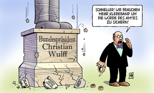 Cartoon: Wulff-Würde (medium) by Harm Bengen tagged bundespräsident,wulff,unternehmer,urlaub,zerfall,tesa,klebeband,denkmal,anzeigen,buch,korruption,bestechung,zinsen,vorteilsnahme,vorteil,kredit,anwalt,geerkens,maschmeyer,rücktritt,urlaub,unternehmer,wulff,bundespräsident,maschmeyer,geerkens,anwalt,vorteilsnahme,bestechung,korruption