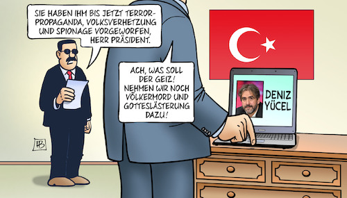 Cartoon: Yücel-Vorwürfe (medium) by Harm Bengen tagged terrorpropaganda,volksverhetzung,spionage,vorwürfe,präsident,völkermord,gotteslästerung,deniz,yücel,deutschland,versammlungsfreiheit,pressefreiheit,auftritte,wahlkampf,türkei,erdogan,referendum,akp,diktatur,harm,bengen,cartoon,karikatur,terrorpropaganda,volksverhetzung,spionage,vorwürfe,präsident,völkermord,gotteslästerung,deniz,yücel,deutschland,versammlungsfreiheit,pressefreiheit,auftritte,wahlkampf,türkei,erdogan,referendum,akp,diktatur,harm,bengen,cartoon,karikatur