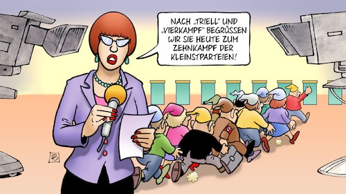 Cartoon: Zehnkampf Kleinstparteien (medium) by Harm Bengen tagged triell,vierkampf,zehnkampf,kleinstparteien,zwerge,zwergparteien,ansagerin,reporterin,studio,tv,bundestagswahl,wahlkampf,harm,bengen,cartoon,karikatur,triell,vierkampf,zehnkampf,kleinstparteien,zwerge,zwergparteien,ansagerin,reporterin,studio,tv,bundestagswahl,wahlkampf,harm,bengen,cartoon,karikatur