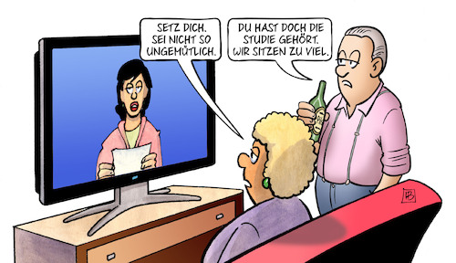 Cartoon: Zu viel Sitzen (medium) by Harm Bengen tagged gesundheit,tv,studie,sitzen,bier,harm,bengen,cartoon,karikatur,gesundheit,tv,studie,sitzen,bier,harm,bengen,cartoon,karikatur