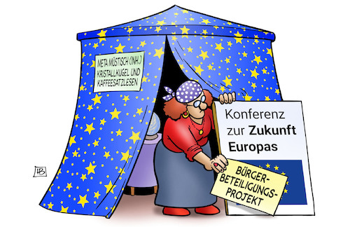 Cartoon: Zukunft Europas (medium) by Harm Bengen tagged bürgerbeteiligungsprojekt,eu,europa,zukunft,wahrsagerin,harm,bengen,cartoon,karikatur,bürgerbeteiligungsprojekt,eu,europa,zukunft,wahrsagerin,harm,bengen,cartoon,karikatur