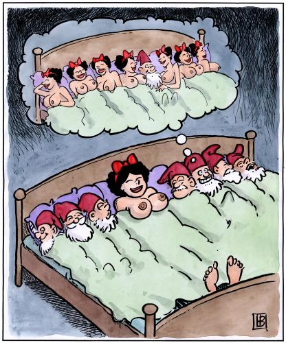 Cartoon: Zwergenträume (medium) by Harm Bengen tagged zwerg,dwarf,traum,dream,schneewittchen,snowwhite,märchen,schneewittchen,7 zwerge,sieben,zwerge,bett,nackt,beziehung,paar,gruppensex,traum,wunsch,sehnsucht,mann,frau,busen,brüste,harem,männerträume,männerfantasien,brüder,brüder grimm,fantasie,wahn,wahnvorstellung,selbstüberschätzung,gruppentraum,märchenhaft,traumhaft,volksmärchen,märchenerzähler,berge,bergwerk,zipfelmütze,bergleute,mine,grimm