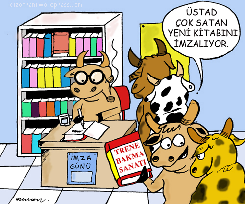 Cartoon: Autograph (medium) by cizofreni tagged books,writer,cows,okuz,train,gape,autograph,imza