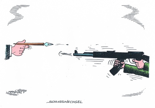 Cartoon: Angriff auf die Freiheit (medium) by mandzel tagged terrorakt,paris,dschihadisten,zeichenfeder,pressefreiheit,terrorakt,paris,dschihadisten,zeichenfeder,pressefreiheit