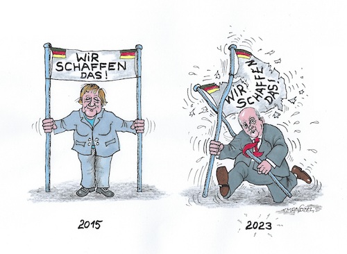 Cartoon: Bewältigung des Asylandrangs (medium) by mandzel tagged merkel,scholz,flüchtlinge,asyl,deutschland,eu,unterkunft,geld,merkel,scholz,flüchtlinge,asyl,deutschland,eu,unterkunft,geld