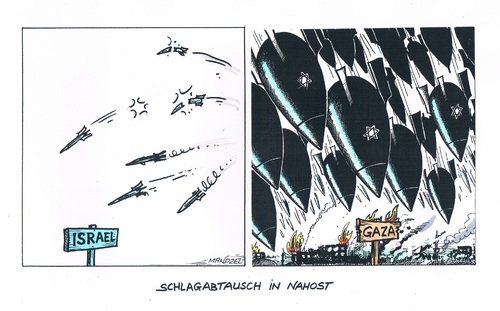 Cartoon: Bombardierungen in Nahost (medium) by mandzel tagged nahost,rache,vergeltung,raketen,nahost,rache,vergeltung,raketen