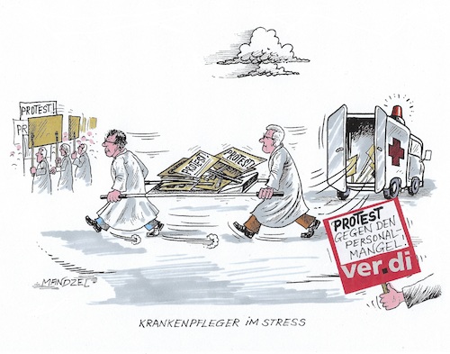 Cartoon: Dauerstress der Krankenpfleger (medium) by mandzel tagged krankenpfleger,altenpfleger,krankenhäuser,proteste,überlastung,krankenpfleger,altenpfleger,krankenhäuser,proteste,überlastung