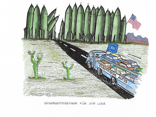 Cartoon: EU-Autos gelten als Gefahr (medium) by mandzel tagged autos,eu,sicherheitsgefahr,zölle,usa,trump,autos,eu,sicherheitsgefahr,zölle,usa,trump