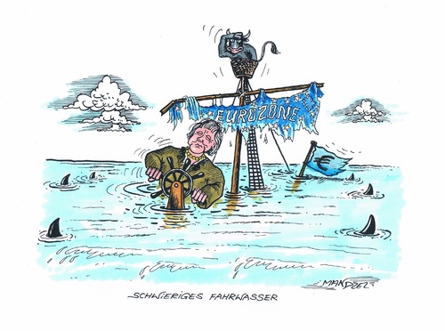 Cartoon: EU-Leitperson (medium) by mandzel tagged merkel,euro,wrack,haie,schwieriges,fahrwasser,merkel,euro,wrack,haie