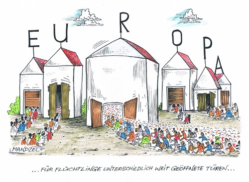 Cartoon: Flüchtlingsströme nach Europa (medium) by mandzel tagged flüchtlinge,europa,unterschiedlichkeiten,aufnahmebereitwilligkeit,flüchtlinge,europa,unterschiedlichkeiten,aufnahmebereitwilligkeit