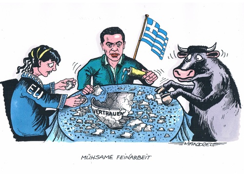 Cartoon: Griechisches Puzzle (medium) by mandzel tagged griechenland,vertrauen,feinarbeit,eu,tsipras,euro,bruchporzellan,griechenland,vertrauen,feinarbeit,eu,tsipras,euro,bruchporzellan
