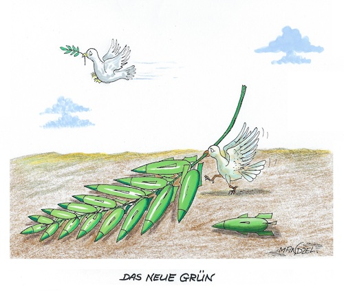Cartoon: Grün wird militant (medium) by mandzel tagged putin,krieg,waffenexporte,grün,deutschland,friedenstaube,putin,krieg,waffenexporte,grün,deutschland,friedenstaube