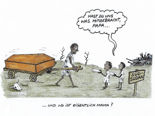 Cartoon: Hunger und Krieg im Süd-Sudan (medium) by mandzel tagged südsudan,afrika,hunger,krieg,waffen,unterernährung,südsudan,afrika,hunger,krieg,waffen,unterernährung