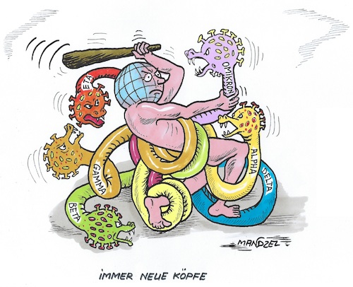 Cartoon: Hydra (medium) by mandzel tagged corona,hydra,mutationen,phantomkämpfe,impfungen,corona,hydra,mutationen,phantomkämpfe,impfungen
