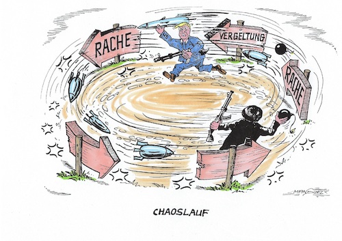 Cartoon: Jetzt gehts rund ! (medium) by mandzel tagged trump,usa,iran,irak,explosivlage,soleimani,mord,drohne,trump,usa,iran,irak,explosivlage,soleimani,mord,drohne