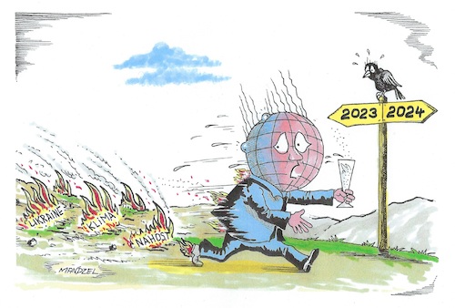 Cartoon: Kein Entkommen... (medium) by mandzel tagged welt,probleme,ukraine,nahost,klima,silvester,zukunftsängste,welt,probleme,ukraine,nahost,klima,silvester,zukunftsängste