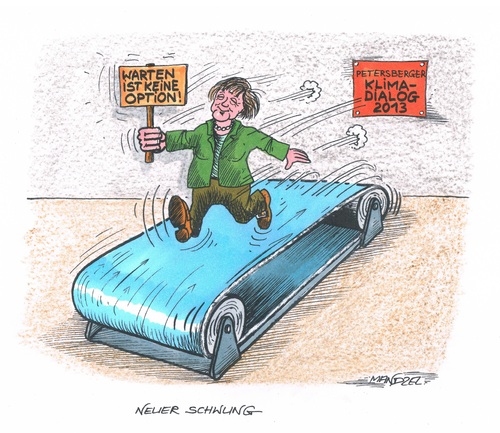 Cartoon: Klima-Dialog (medium) by mandzel tagged klimadialog,merkel,laufband,aktionismus,klimadialog,merkel,laufband,aktionismus