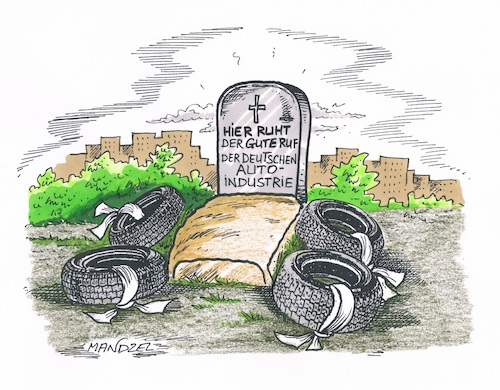 Cartoon: Made in Germany auf dem Friedhof (medium) by mandzel tagged dieselgipfel,schadstoffe,autohersteller,abgase,nachbesserungen,imageschaden,dieselgipfel,schadstoffe,autohersteller,abgase,nachbesserungen,imageschaden