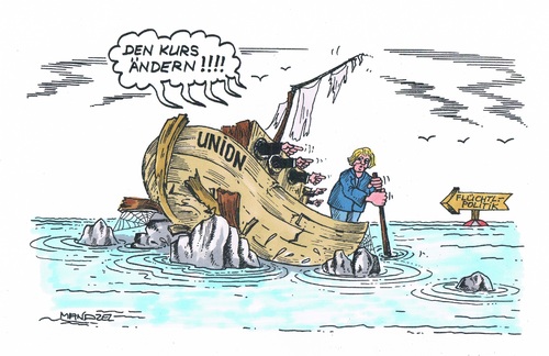 Cartoon: Merkels Kurs ins Chaos (medium) by mandzel tagged merkel,wahldebakel,cdu,wahlverluste,meckpomm,flüchtlingspolitik,union,merkel,wahldebakel,cdu,wahlverluste,meckpomm,flüchtlingspolitik,union