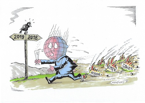 Cartoon: Neues Jahr - die alten Sorgen... (medium) by mandzel tagged jahreswechsel,kriege,hoffnungen,welt,jahreswechsel,kriege,hoffnungen,welt