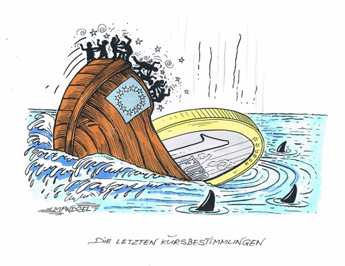 Cartoon: Panik auf dem Euro-Schiff (medium) by mandzel tagged euro,eu,untergang,uneinigkeit,haie