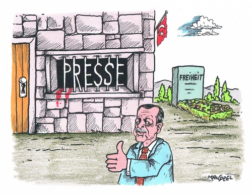 Cartoon: Pressefreiheit in der Türkei (medium) by mandzel tagged erdogan,beschuss,kurden,is,syrien,türkei,krieg,terrorismus,mandzel,karikatur,pressefreiheit,verhaftungen,erdogan,beschuss,kurden,is,syrien,türkei,krieg,terrorismus,mandzel,karikatur,pressefreiheit,verhaftungen