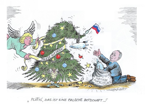Cartoon: Putin in Feierlaune (medium) by mandzel tagged friedensengel,putin,aufrüstungs,ukraine,atomraketen,krieg,friedensengel,putin,aufrüstungs,ukraine,atomraketen,krieg