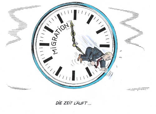 Cartoon: Scholz unter Zeitdruck (medium) by mandzel tagged scholz,migration,deutschland,politik,ampel,regierungsunfähigkeit,scholz,migration,deutschland,politik,ampel,regierungsunfähigkeit
