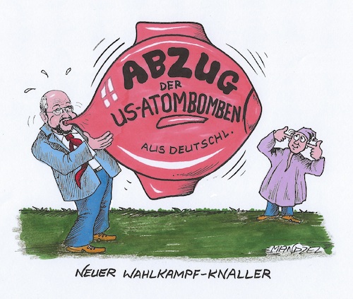 Cartoon: Schulz hat ein neues Thema (medium) by mandzel tagged wahlkampf,amerika,atombombenabzug,deutschland,spd,wahlkampf,amerika,atombombenabzug,deutschland,spd