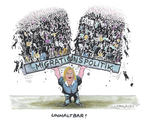 Cartoon: Schwer zu stemmen (medium) by mandzel tagged deutschland,faeser,migration,überforderung,asyl,wohnungen,kosten,deutschland,faeser,migration,überforderung,asyl,wohnungen,kosten