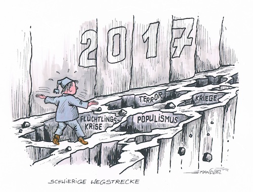 Cartoon: Schwieriges Jahr (medium) by mandzel tagged krisen,terror,populismus,kriege,krisen,terror,populismus,kriege