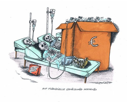 Cartoon: Südliche Euro-Länder hoffen (medium) by mandzel tagged eu,südliche,länder,transfusionen,geldmittel,euro,totengerippe