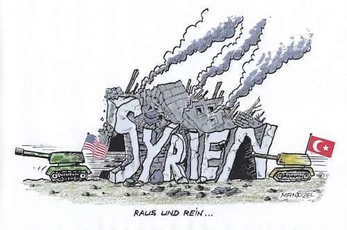 Cartoon: U.S.-Rückzug aus Syrien (medium) by mandzel tagged is,trump,syrien,türkei,einmarsch,rückzug,usa,kurden,is,trump,syrien,türkei,einmarsch,rückzug,usa,kurden