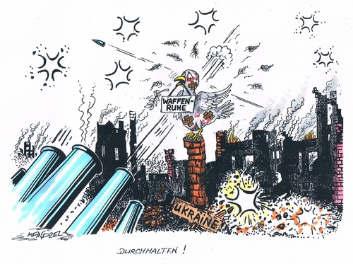 Cartoon: Waffenruhe auf wackligen Füßen (medium) by mandzel tagged ukraine,waffenruhe,beschuss,ukraine,waffenruhe,beschuss