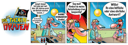 Cartoon: Die Thekenpiraten 29 (medium) by stefanbayer tagged theke,piraten,thekenpiraten,bar,kneipe,lounge,gastronomie,bier,trinken,freizeit,ohrloch,ohrring,held,stechen,piercing,tattoo,branding,schmuck,antwort,stefan,bayer,stefanbayer,spießer