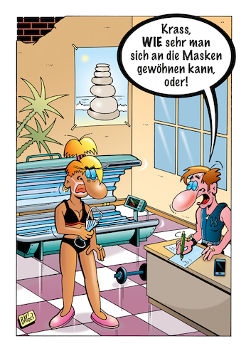 Cartoon: Gewöhnungssache (medium) by stefanbayer tagged covid,corona,sportstudio,fitnessstudio,solarium,turbo,booster,bräunen,braun,entspannung,maske,schutzmaske,opmaske,gewöhnen,vergessen,bay,stefanbayer,krass,sportgerät,turbobräuner,pandemie,virus