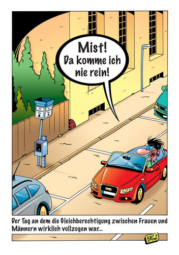 Cartoon: Gleichberechtigung (medium) by stefanbayer tagged parken,parkplatz,parkschein,einparken,parklücke,auto,automobil,fahrzeug,mann,frau,gleichberechtigung,parkscheinautomat,straße,mist,reinkommen,cabrio,stefan,bayer,klassiker