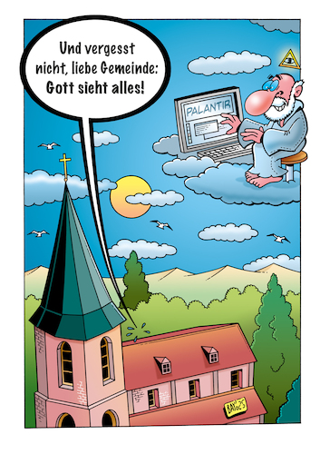 Cartoon: Gott sieht alles! (medium) by stefanbayer tagged wolken,gott,gemeinde,palantir,ausspähen,bigdata,ki,ai,künstlicheintelligenz,kirche,himmel,bay,stefanbayer